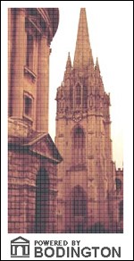 Bodington logo beneath Radcliffe Camera and University church, Oxford